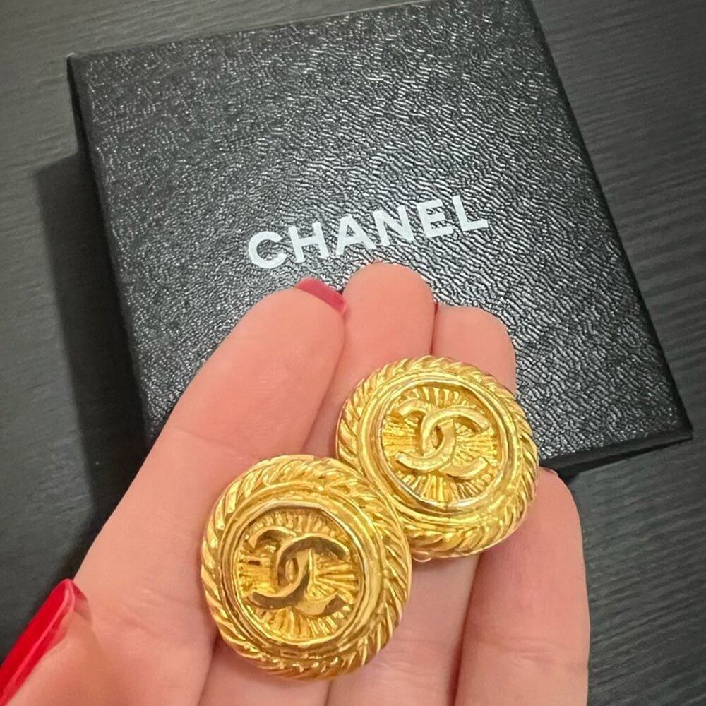 100% Authentic Chanel Logo Earrings Gold Brass Clip On - With Box